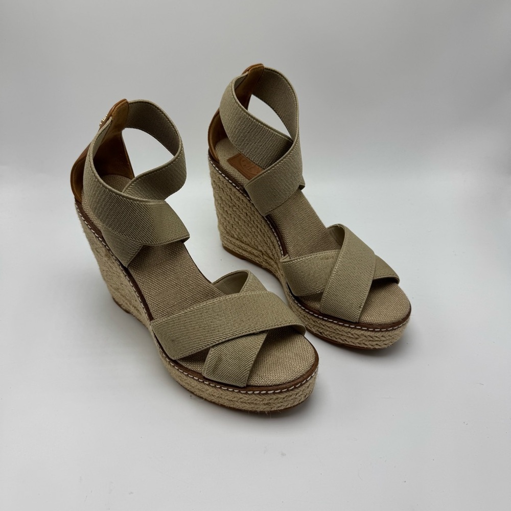 Tory Burch Frieda Platform Wedge Size 6.5 Tan Espadrille Sandals Neutral Beach